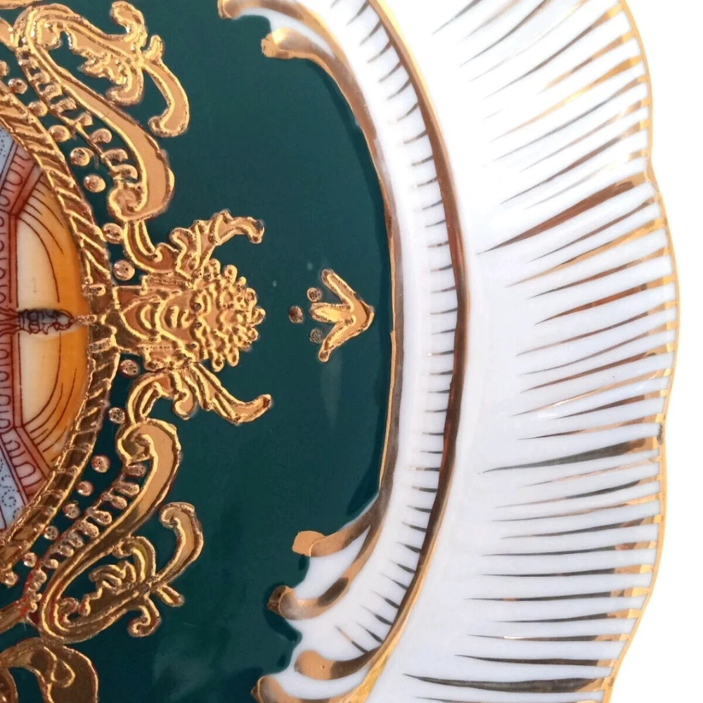 Ornate Gold Gilt Porcelain Handled Plate Green Victorian Romantic Scene